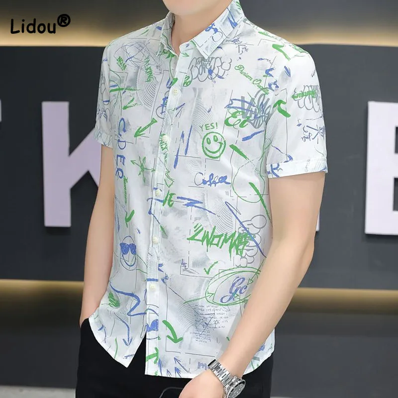 Top Trends: Trend Korean Men&#039;s Printed Polo-Neck Shirt 2023 Casual Summer Male Clothes Handsome Fashion Short Sleeve Single-breasted Shirt Shoppable Styles