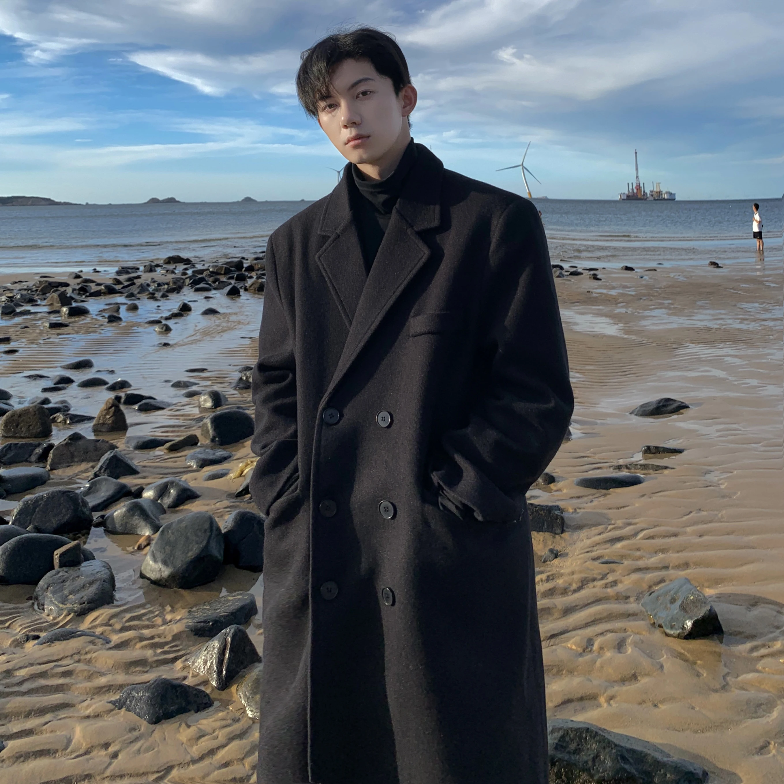 Top Trends: Winter Long Trenchcoat Men Korean-style Solid Double Breasted Woolen Coat Loose Casual Trench Outwear 2023 Solid Color Overcoats Shoppable Styles