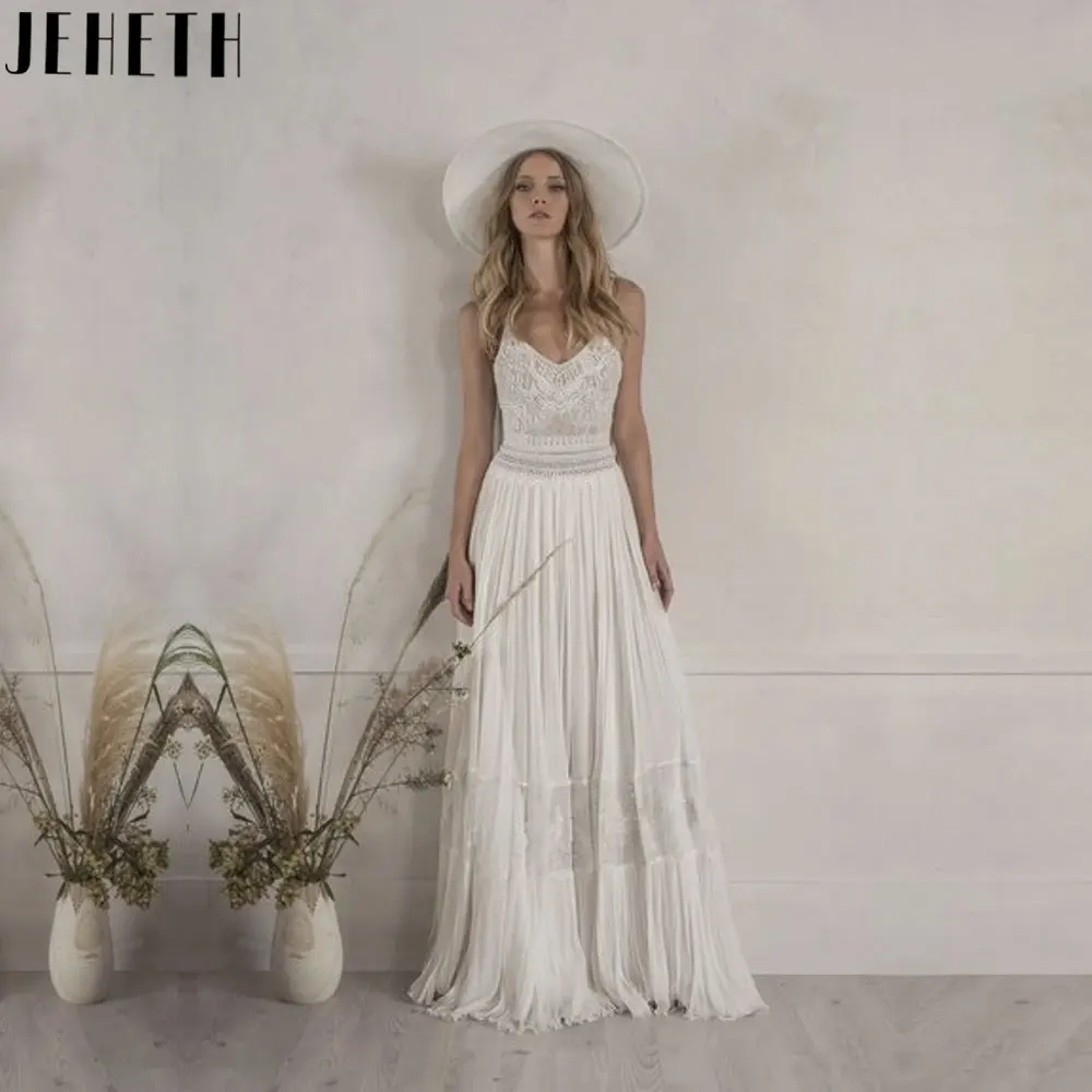 Top Trends: JEHETH Classic V-Neck A-Line Bride Dresses Boho Lace Chiffon Wedding Gowns Backless Sleeveless Spaghetti Straps Robe Mariée 2024 Shoppable Styles