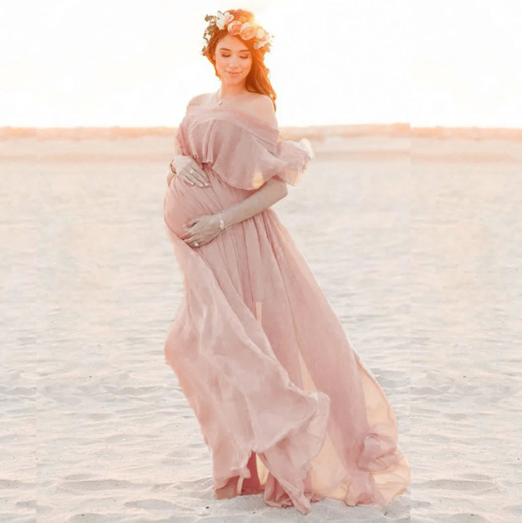 Top Trends: Maternity Off Shoulder Chiffon Gown Photography Solid Ruffle Front Maxi Dress For Photoshoot Dress Photo Shoot Pregnancy Dress Shoppable Styles