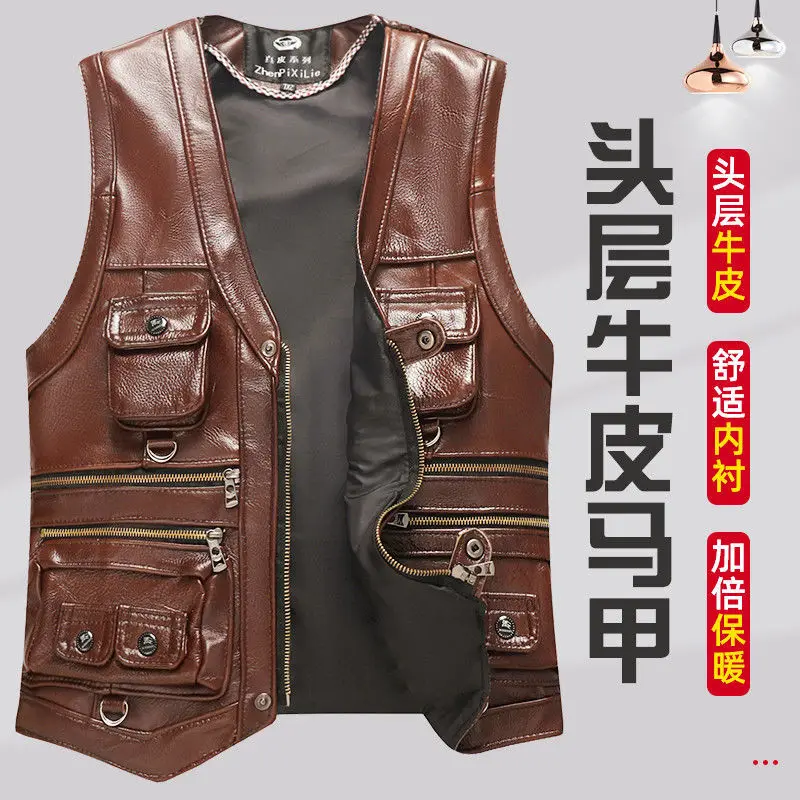 Top Trends: Men's Genuine Leather Vest Keep Warm In Autumn And Winter Top Layer Cowhide Spring And Autumn Multiple Pockets Photography Shoppable Styles - Image 6