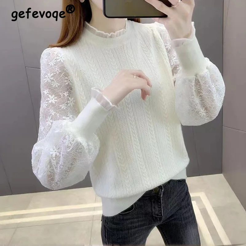 Top Trends: Women Lace Patchwork Chic Long Sleeve Soft Comfortable Knitted Sweater Spring Fall Fashion Solid Slim Pullover Basic Ladies Tops Shoppable Styles