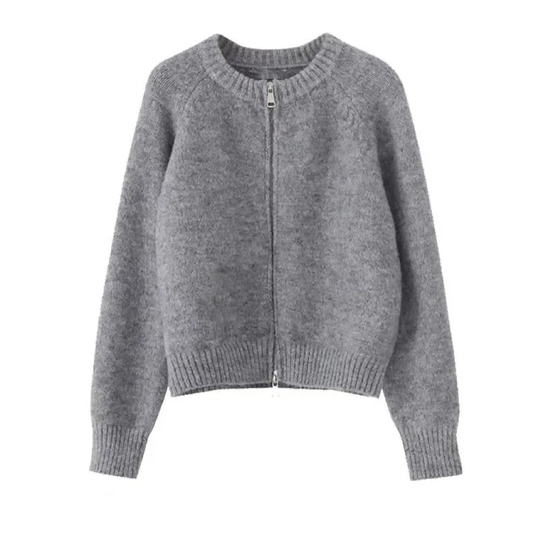 Top Trends: Deeptown Gray Women Knitted Cardigan Solid Casual Zip Up Sweater O-neck Knitwear Autumn Female Long Sleeve Vintage Basic Tops Shoppable Styles