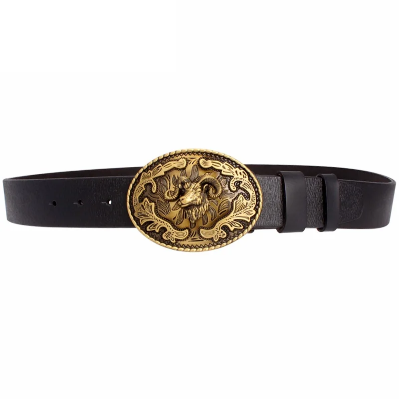 Top Trends: Fashion Belt Sheep Argali Golden Ram Head Buckle Cowskin Leather Goat Pattern Heavy Metal Rock Style Accessories Shoppable Styles - Image 3