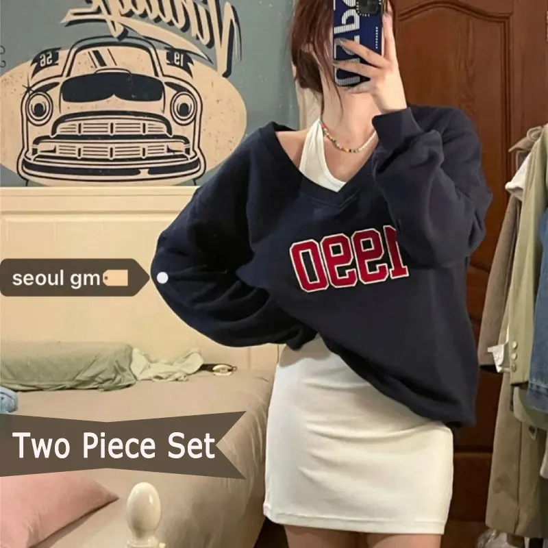 Top Trends: Deeptown Korean Fashion Sweatshirts Two Piece Set For Women Kpop Long Sleeve Oversized Pullover Streetwear Hoodie Off Shoulder Shoppable Styles