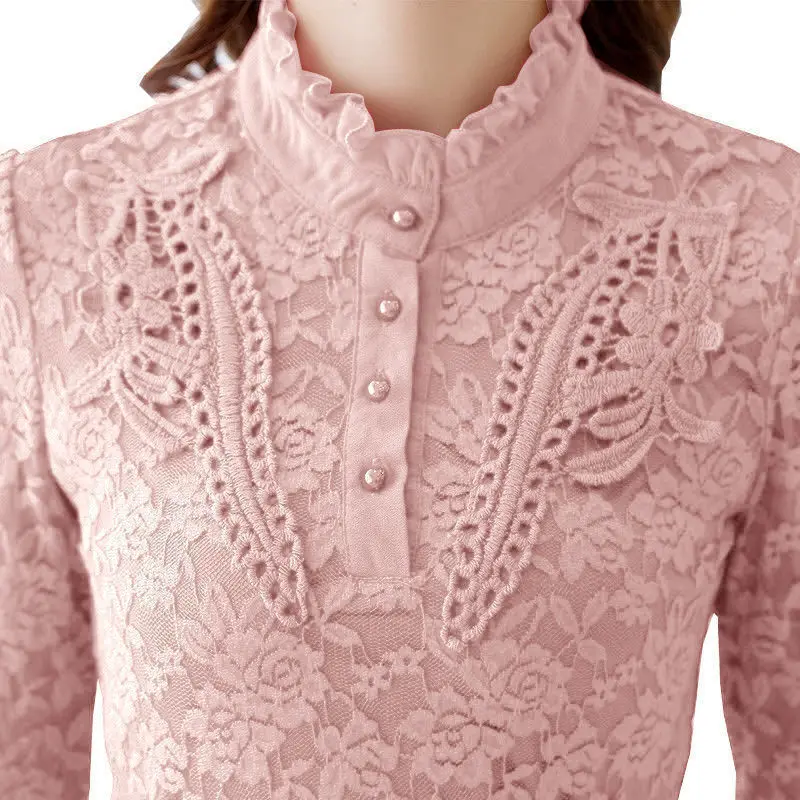 Top Trends: S-5XL Thickened Lace Bottoming Blouse Women&#039;s Spring New Fashion Slim Temperament Stand Collar Bottoming Shirt Top Shirt Shoppable Styles