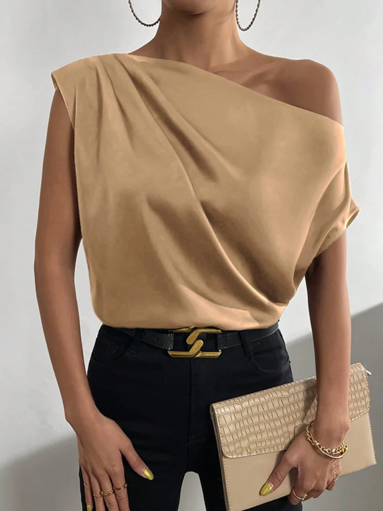 Top Trends: Freeacy Diagonal Collar One-Shoulder Asymmetric Loose Solid Color Blouses For Women 2023 Summer New Stylish Elegant Shirt Tops Shoppable Styles