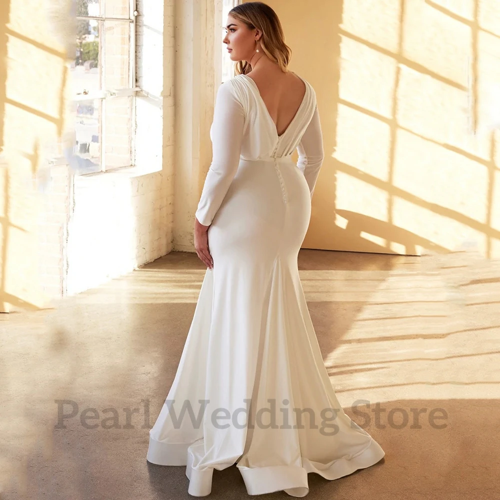 Top Trends: White Plus Size Long Sleeve Wedding Dress V-Neck Grabbed Satin Mermaid And Floor Length Bridal Marriage Gown Robe فستان الزفاف Shoppable Styles - Image 2