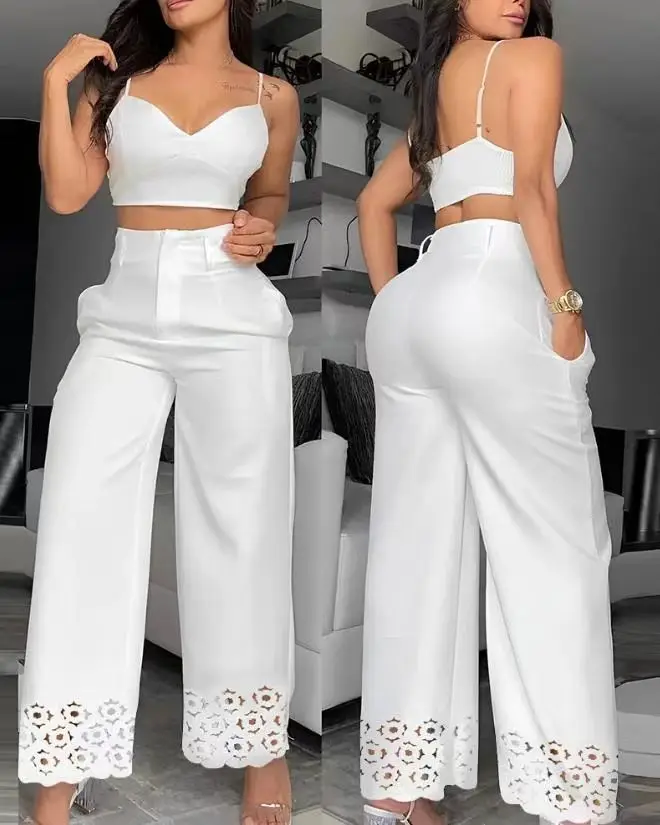 Top Trends: Two Piece Sets Womens Outifits 2024 Fashion V-Neck Cami Crop Top & Casual White Hollow Out Wide Leg High Waist Pants Set Shoppable Styles