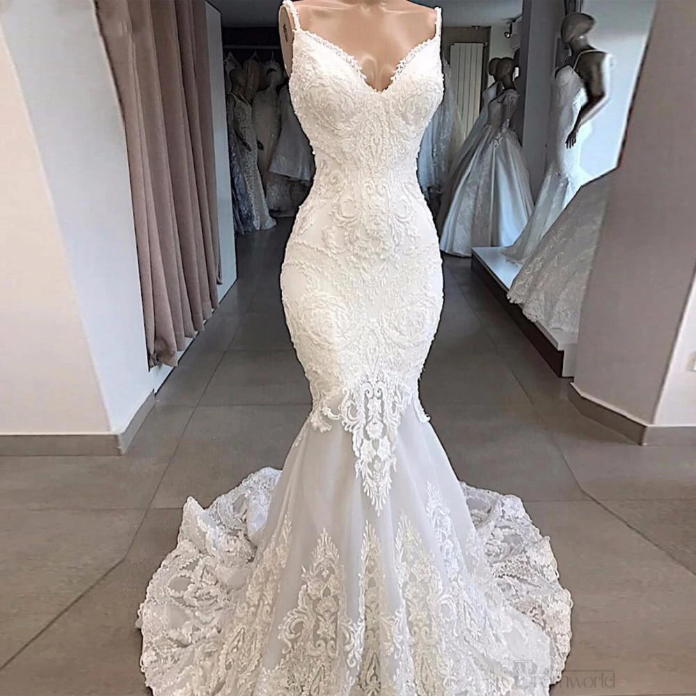 Top Trends: Haute Couture Elegant White Embroidery Spaghetti Strap Bride Dress Mermaid Appliques Sweep Train Floor-Length Wedding Dress Shoppable Styles