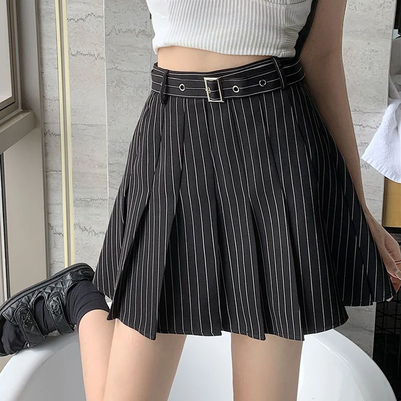 Top Trends: HOUZHOU Striped Pleated Skirt Women 2023 Summer Vintage Preppy Belt High Waist A-line Mini Skirt For Girls Korean Style Casual Shoppable Styles