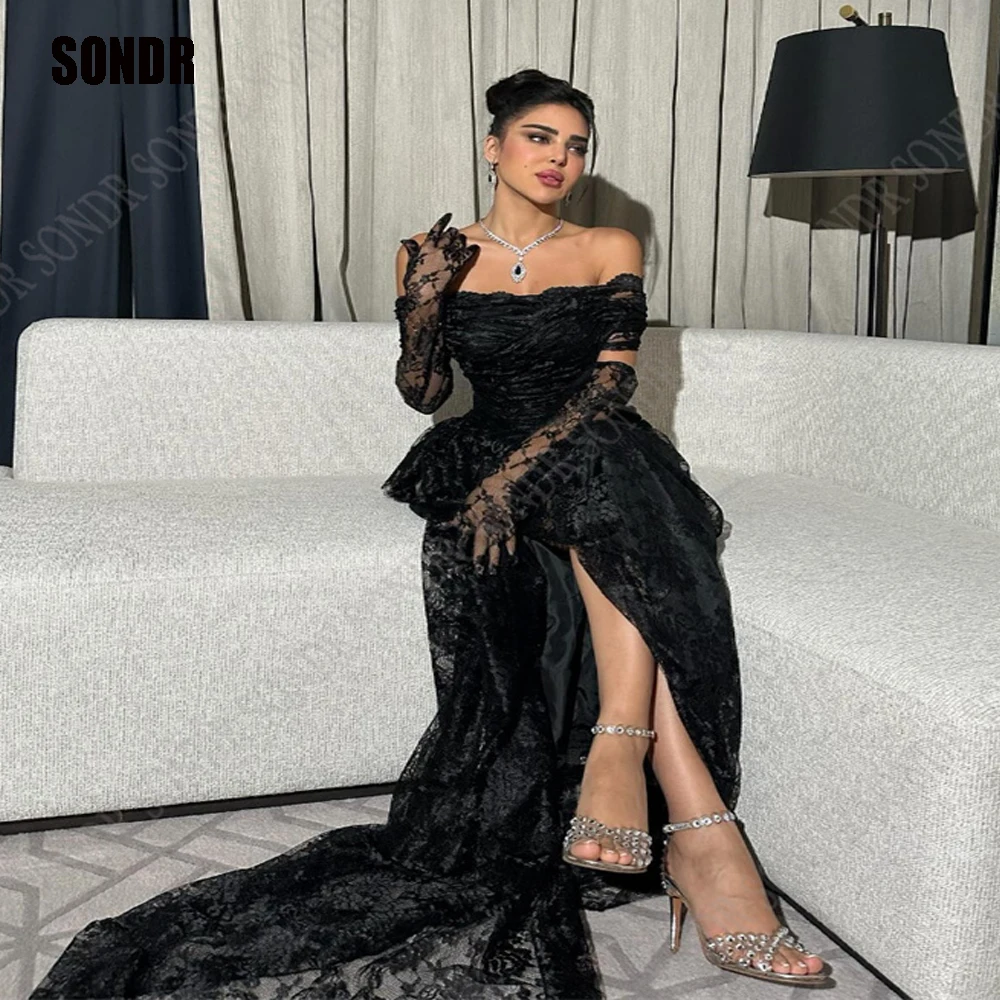 Top Trends: SONDR Black Sexy Lace Full Sleeves Strapless Prom Dresses 2023 Off Shoulder High Slit Flowers Evening Gown Dress Dubai Vestidos Shoppable Styles