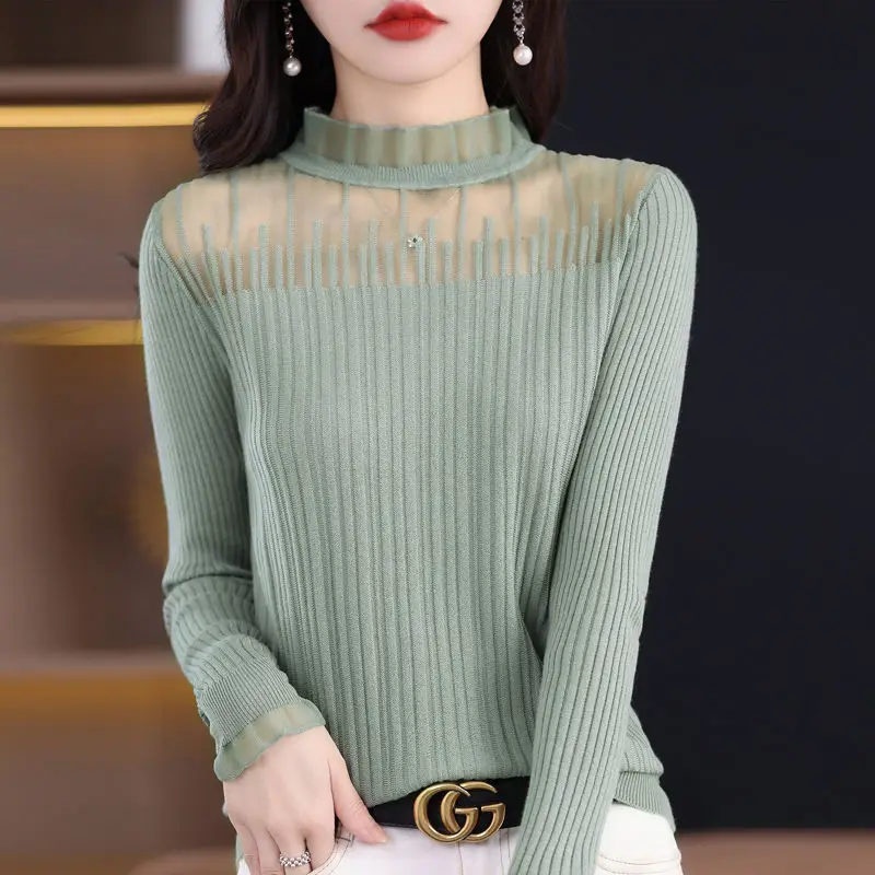 Top Trends: Spring Autumn Ruffles Stand Collar Lace Patchwork Sweaters Ladies Long Sleeve Elegant Fashion All-match Bottoming Pullover Tops Shoppable Styles