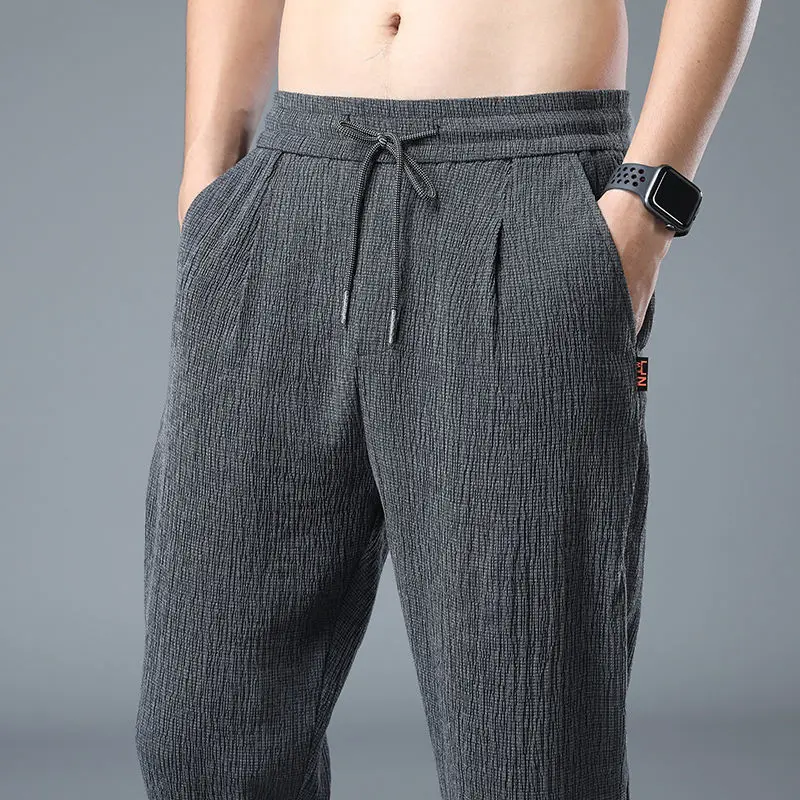 Top Trends: Summer Thin Elastic Casual Pants Men Solid Pleated Ice Silk Strap High Waist Drawstring Pocket Loose Straight Trousers 2023 New Shoppable Styles