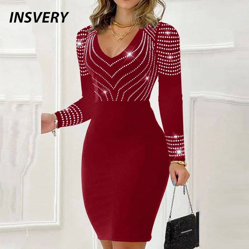 Top Trends: Sexy Bodycon Dress Red V Neck Long Sleeve Diamand Design Party Dresses For Women Elegant Mini Dress 2023 Shoppable Styles