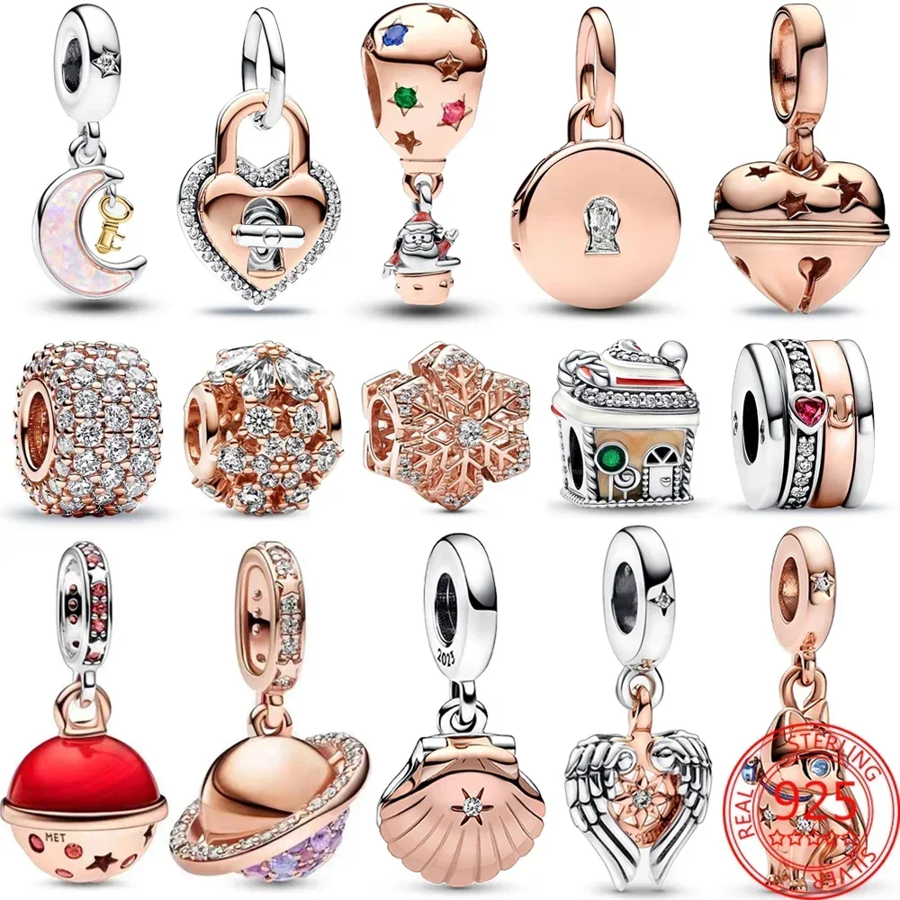 Top Trends: Classic 925 Sterling Silver Sparkling Rose Gold Ocean Heart Dangle Charm Fit Pandora Moment Bracelets And Necklaces DIY Jewelry Shoppable Styles