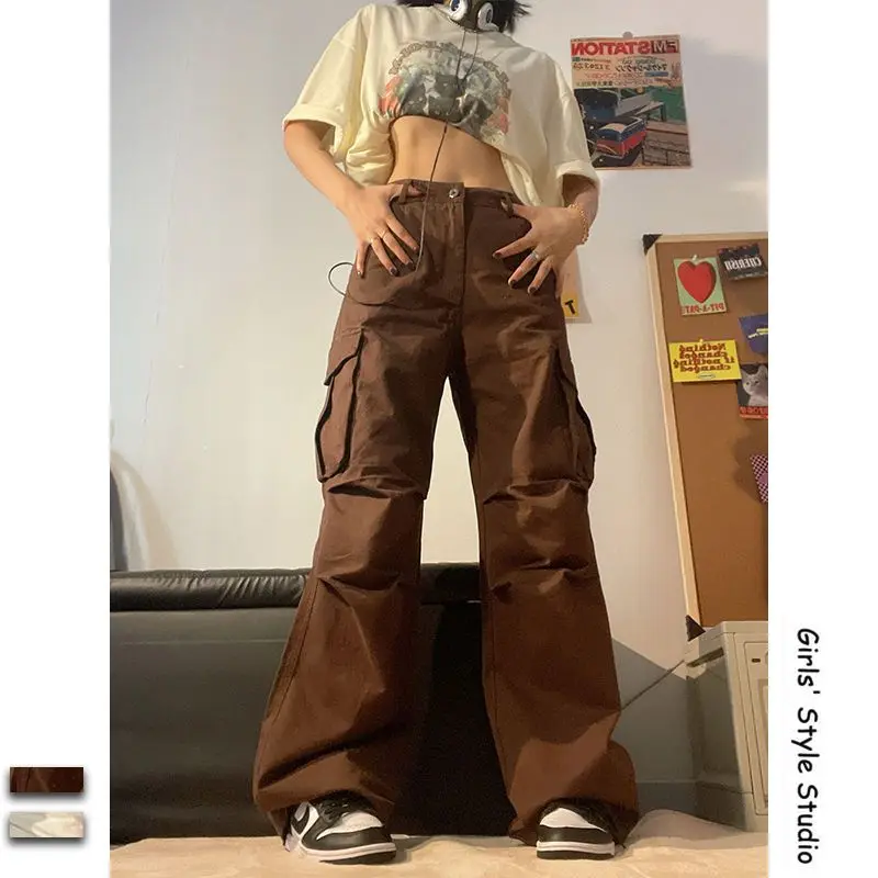 Top Trends: Deeptown Vintage Brown Parachute Pants Women Casual White Cargo Trousers Streetwear Harajuku Oversized Female Korean Fashion New Shoppable Styles