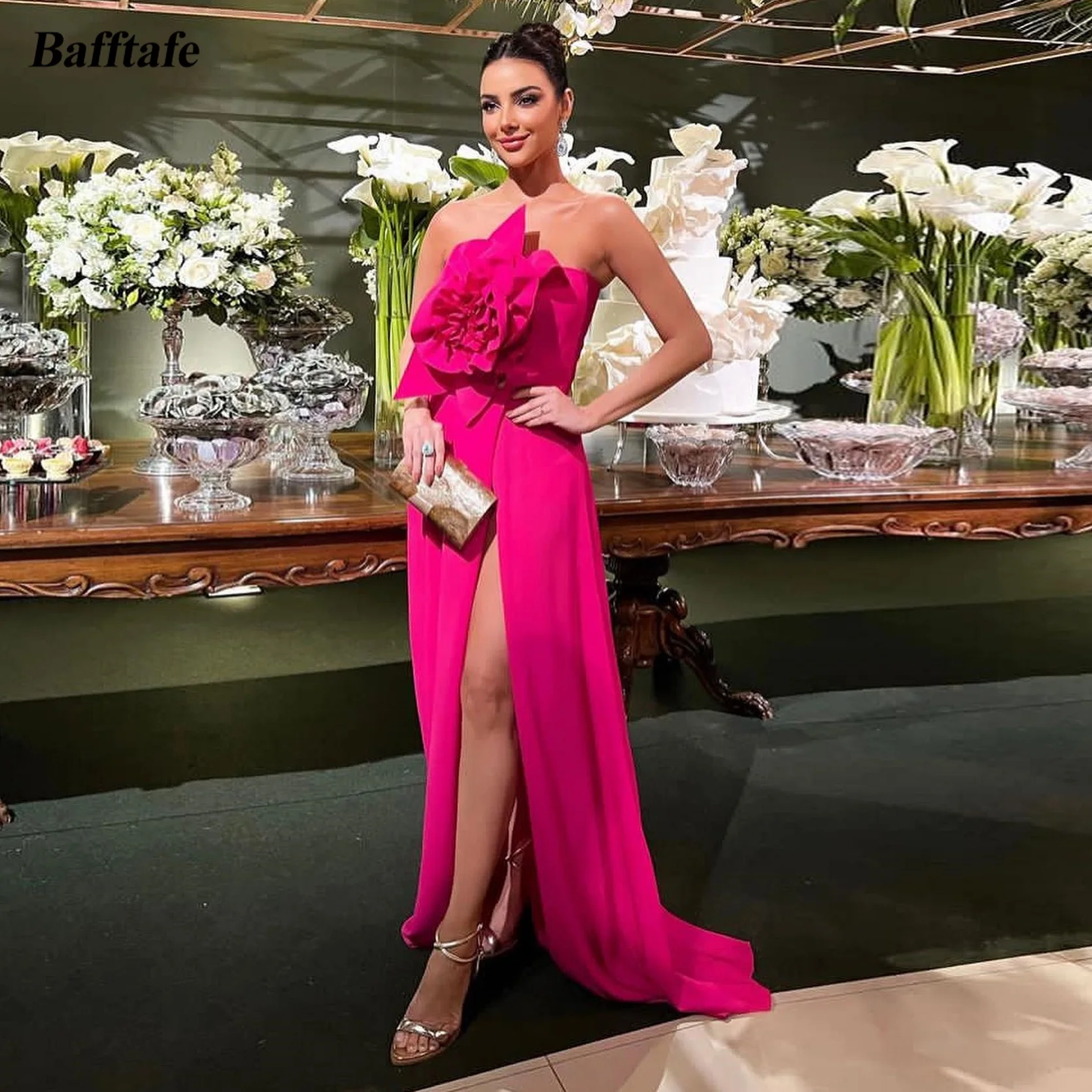 Top Trends: Bafftafe Simple Fuchsia Satin Arabic Evening Dresses Women Formal Event Dress 3D Flowers Front Slit Special Prom Gowns 2024 Shoppable Styles