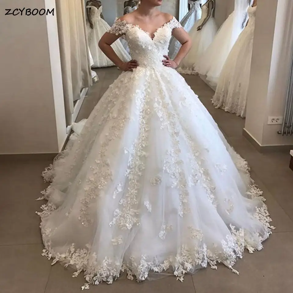 Top Trends: Elegant Off The Shoulder Puffy Ball Gown Wedding Dresses 2023 Tulle Appliques V-Neck Lace Backless Bride Gowns Vestido De Noiva Shoppable Styles