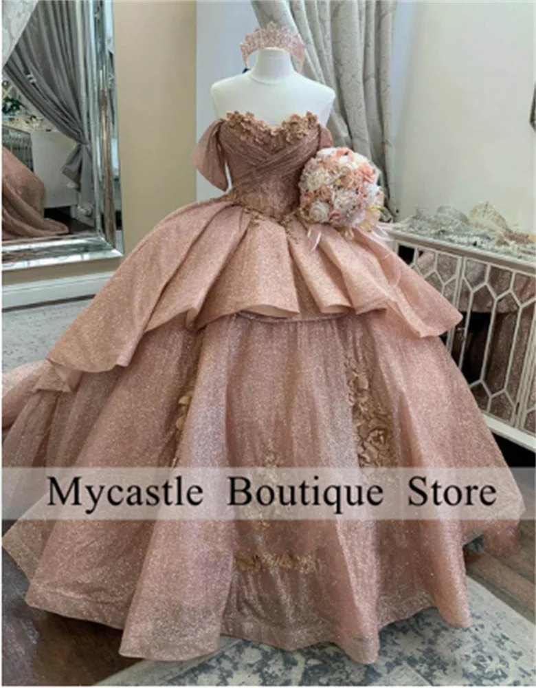 Top Trends: Sparky Rose Gold 3D Flowers Off The Shoulder Quinceanera Dress 2023 With Ruffles Princess Ball Gown For Sweet 16 Dress Lace-up Shoppable Styles