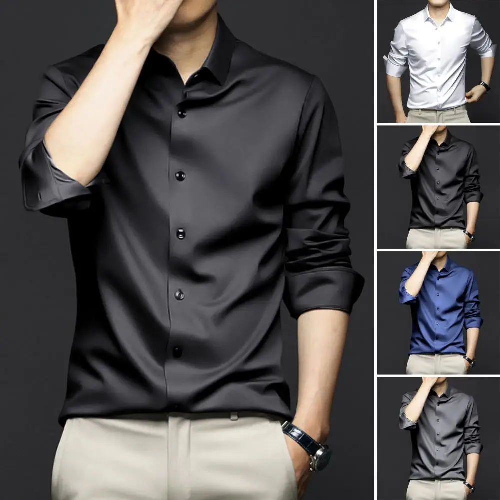 Top Trends: 4XL Spring And Summer Formal Men's Long Sleeve Shirt Luxurious Wrinkle-resistant Non-iron Solid Color Business Casual Ice Silk Shoppable Styles