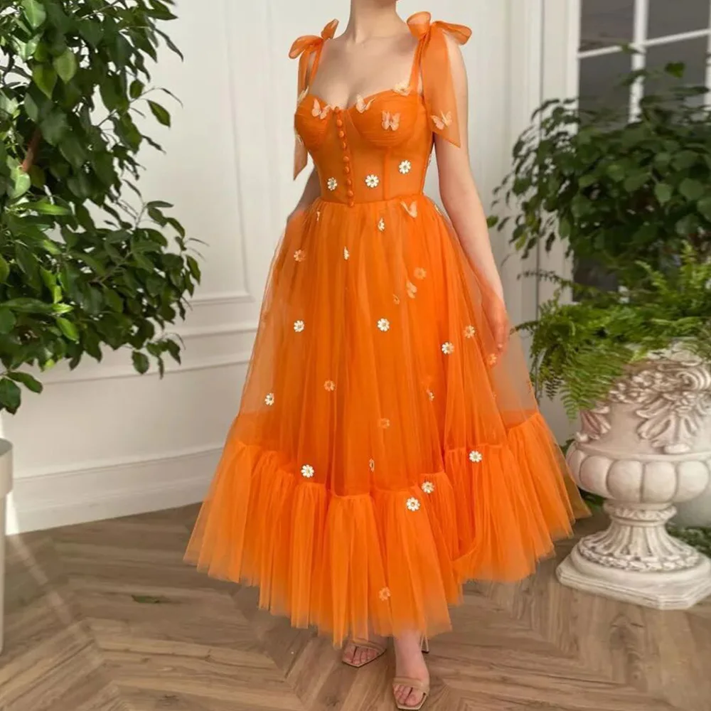 Top Trends: JEHETH Prom Dress Party Flowers Formal Spaghetti Straps A-line Orange Evening Graduation Gowns Ankle Length Vestidos De Gala Shoppable Styles