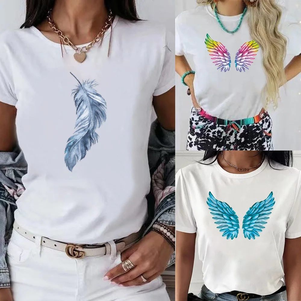 Top Trends: Women's T-shirts White Tops Harajuku Summer O-Neck Short-sleeve Feather Printed Streetwear Sports Breathable Shirt Commuter Tops Shoppable Styles