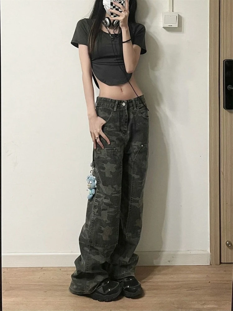 Top Trends: HOUZHOU Camouflage Green Cargo Pants Women Y2K Hippie Low Rise Jeans Retro Streetwear Harajuku Army Wide Leg Denim Trousers Shoppable Styles