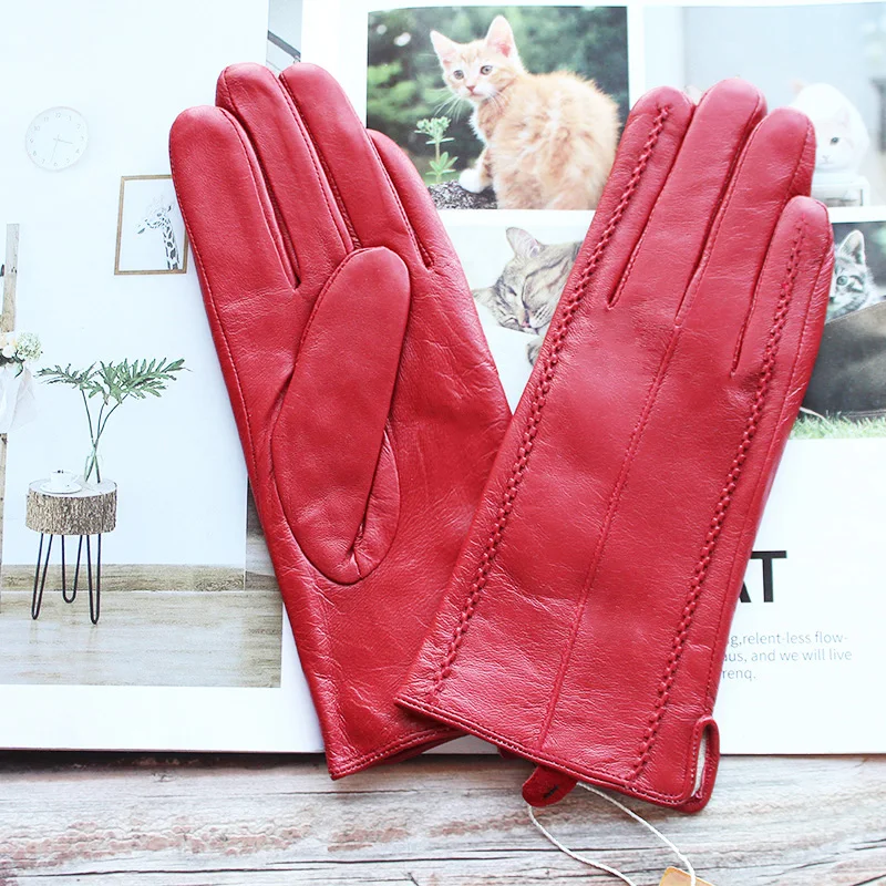 Top Trends: Colored Leather Gloves Women's Simple Fashion Striped Style Velvet Lining Autumn And Winter Warm Outdoor Sheepskin Finger Gloves Shoppable Styles - Image 2