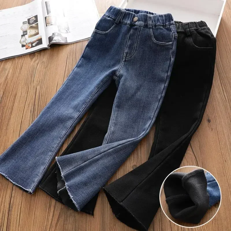 Top Trends: Girls' Fleece Filled Jeans, Autumn And Winter Children's Clothing, Children's Elastic Pants, Thickened One Piece Velvet Pants Shoppable Styles