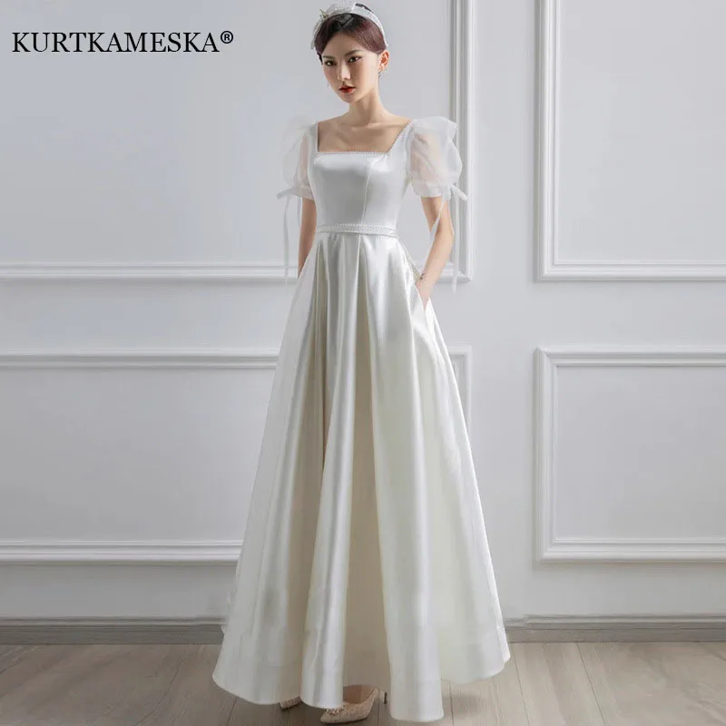 Top Trends: White Satin Wedding Dresses For Bride Formal Elegant Puff Sleeve Evening Guest Long Party Summer Dress Women Formal Vestidos Shoppable Styles