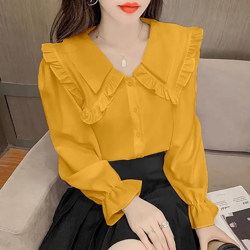 Top Trends: Sweet Peter Pan Collar Button Ruffles Chiffon Shirt Female Clothing 2022 Autumn New Oversized Casual Tops Stylish Chic Blouse Shoppable Styles