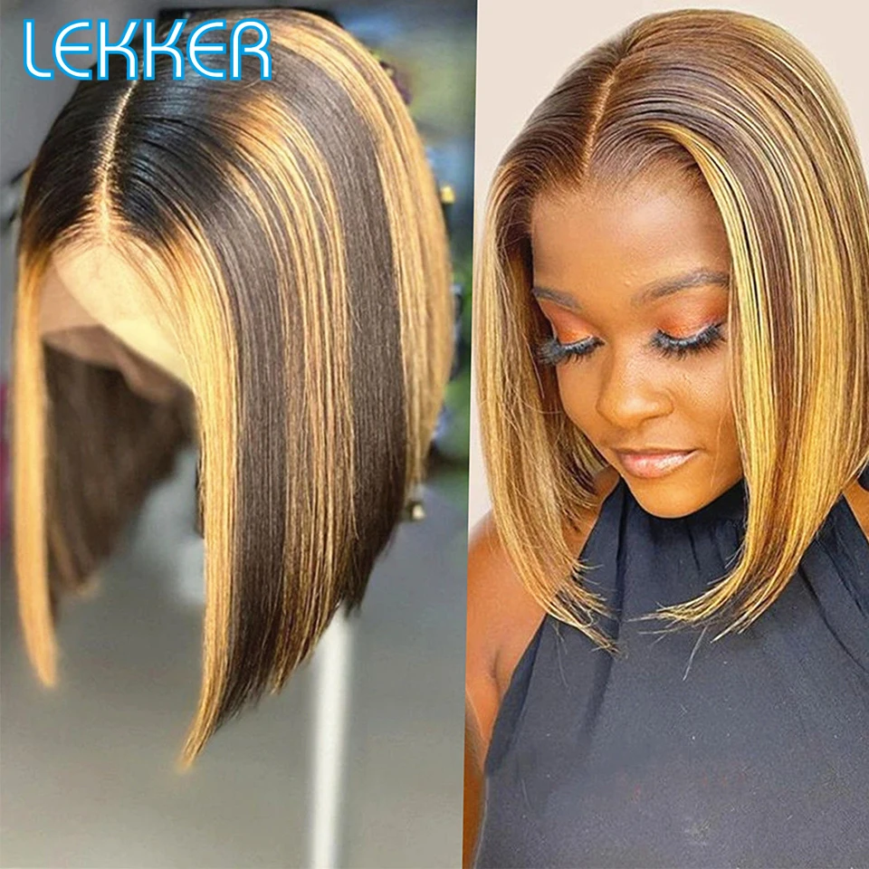 Top Trends: Lekker Highlight Short Straight Bob Wig T Part Lace Human Hair Wig For Women Pre Plucked Transparent Brazilian Lace Front Wigs Shoppable Styles