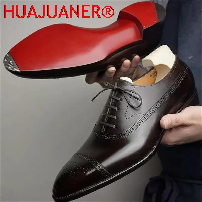 Top Trends: Genuine Leather Oxfords Men Shoes Red Sole Fashion Business Casual Party Banquet Daily Retro Carved Lace-up Brogue Dress Shoes Shoppable Styles