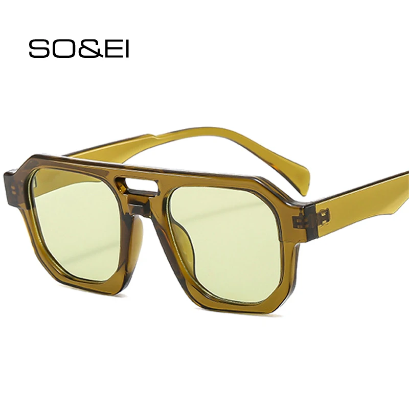 Top Trends: SO&amp;EI Retro Double Bridges Polygon Square Sunglasses Women Clear Ocean Lens Shades UV400 Men Punk Olive Green Sun Glasses Shoppable Styles