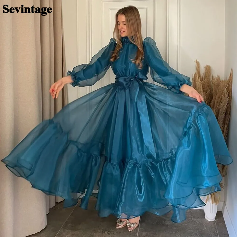 Top Trends: Sevintage Teal Blue Organza Prom Dresses Puff Lined Long Sleeves Wedding Party Dress High Neck Ankle Length Women Evening Gowns Shoppable Styles