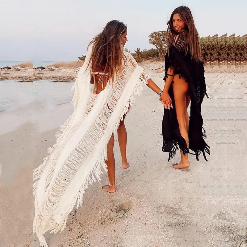 Top Trends: Vintage Knitted Beach Cover Up Crochet Pareo Bikini Cover Up Bathing Suit Cover Ups Tassel Long Beach Dress Robe De Plage Shoppable Styles