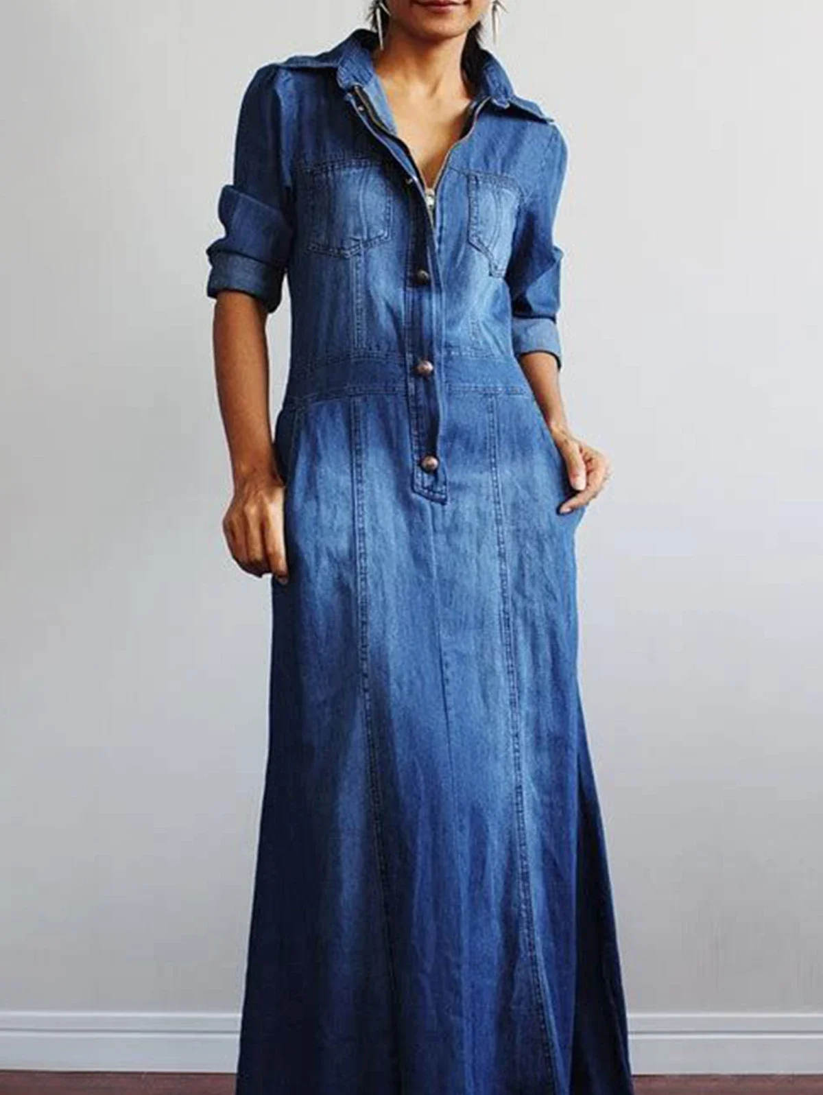 Top Trends: Women Denim Dress Vintage Button Pockets Lapel Collar Straight Long Dress Casual Long Sleeve All Season Fashion Chic Dress Shoppable Styles