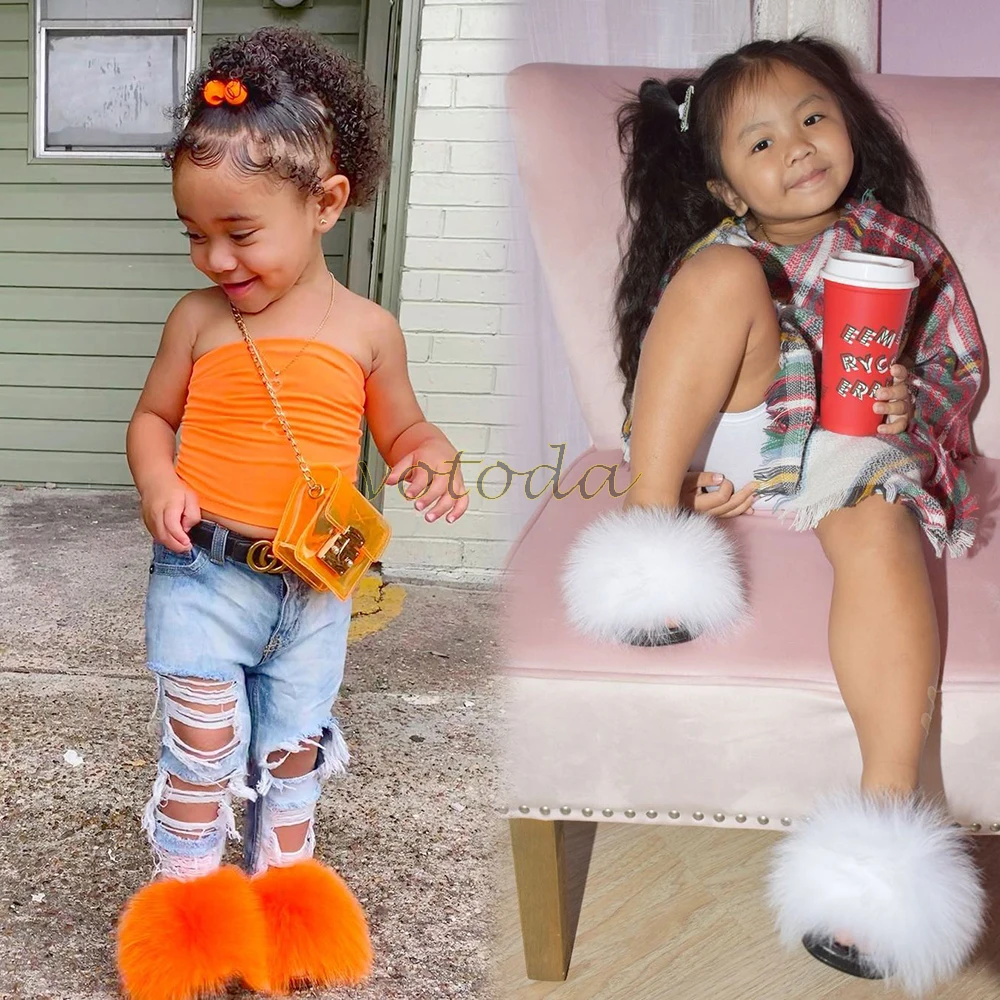 Top Trends: Summer Kids Fur Slippers Fluffy Raccoon Fur Slides Toddler Furry Fox Fur Flip Flops Children Rainbow Fur Sandal Girls Flat Shoes Shoppable Styles