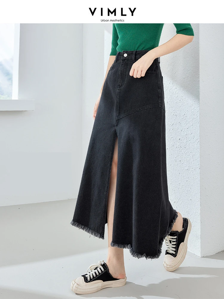 Top Trends: Vimly Black Denim Maxi Skirt For Women Fashion 2023 Autumn Elegant High Waist Split Tassel Hem A Line Long Jeans Skirt 72295 Shoppable Styles