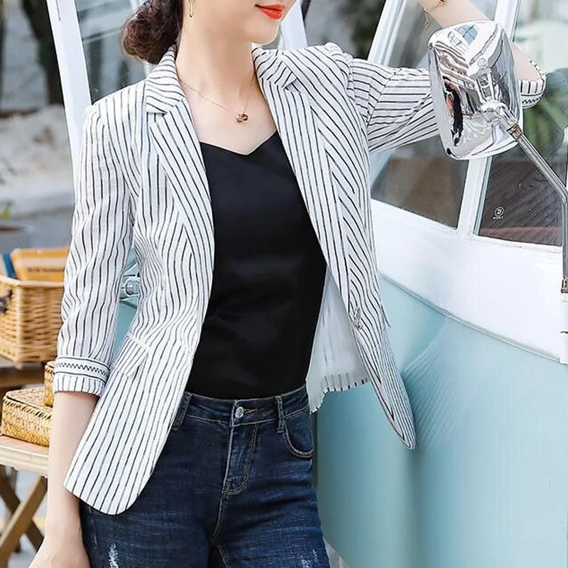 Top Trends: 2023 New Spring And Autumn Fashion Temperament Commuter Simple Stripe Slim Fit Korean Casual Medium Sleeved Women's Suit Jacket Shoppable Styles - Image 5