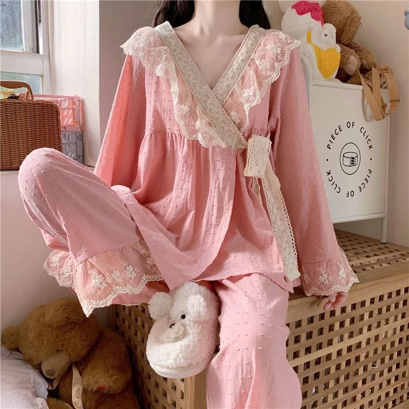 Top Trends: 2023 New V-neck Tied Pajama Set For Women Spring Autumn Tops Long Sleeved Pants Lace Lace Pajamas Shoppable Styles