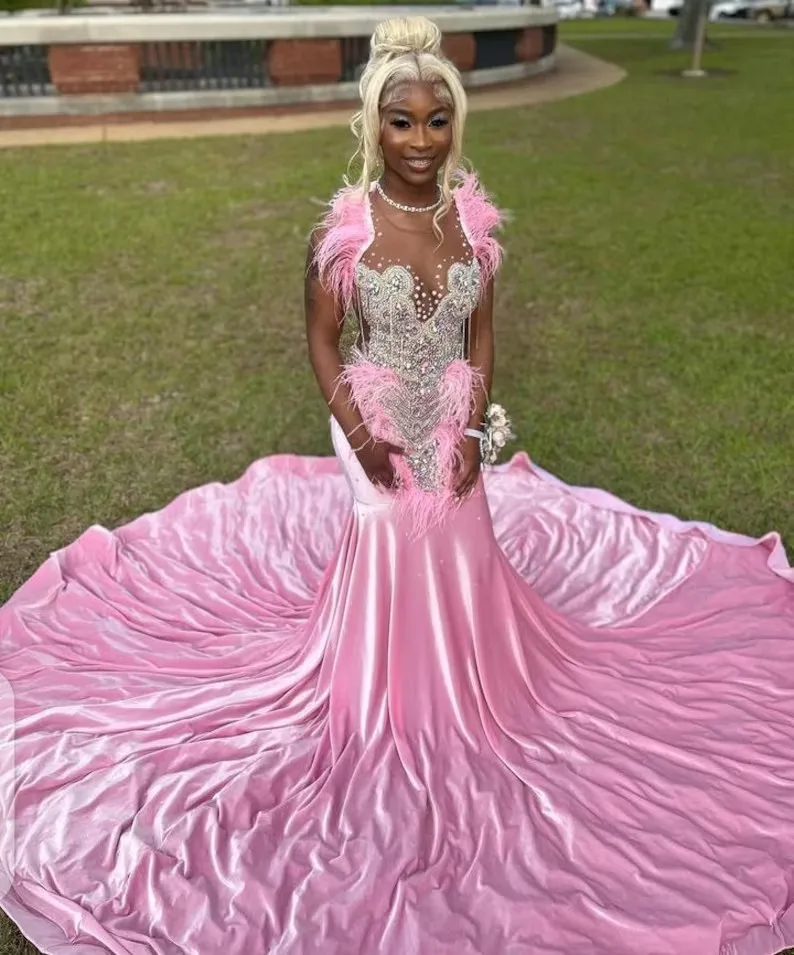 Top Trends: Pink African American Prom Dresses Mermaid Sheer Beaded Feather Black Girls Nigeria Robe De Soiree Evening Dress Gown Shoppable Styles