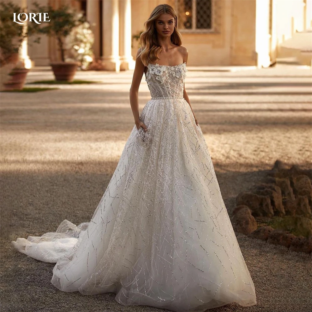 Top Trends: LORIE Glitter Lace Princess Wedding Dresses Square Collar Off Shoulder Puffy Shiny A-Line Bridal Gowns Boho Sparkly Bride Dress Shoppable Styles