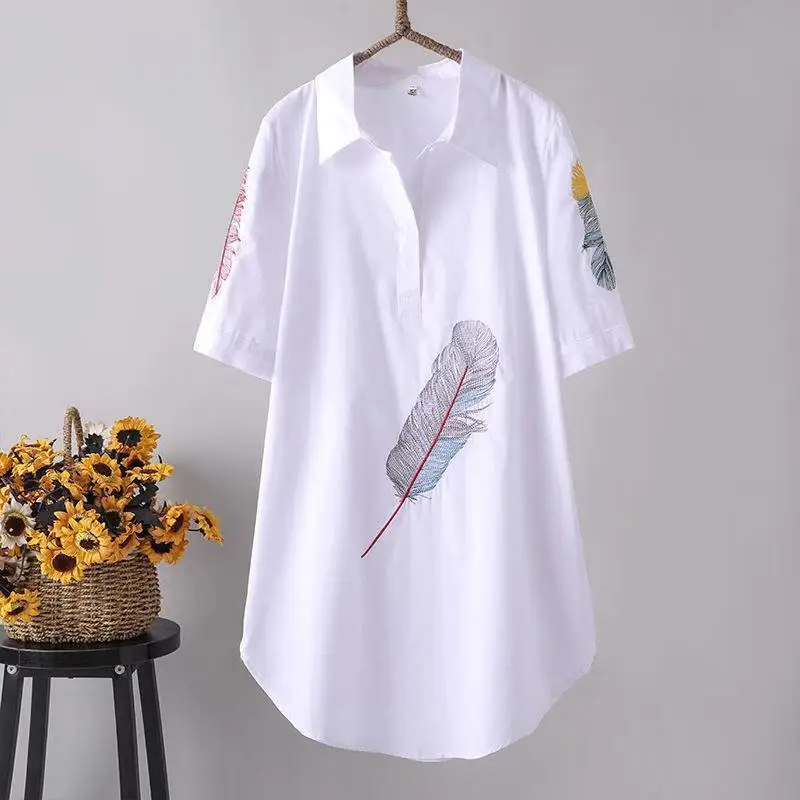 Top Trends: Stylish Embroidery Women Long Blouses Elegant Casual Shirt Cotton Loose Tops Summer 2023 Korean Fashion Clothing Oversized Tunic Shoppable Styles