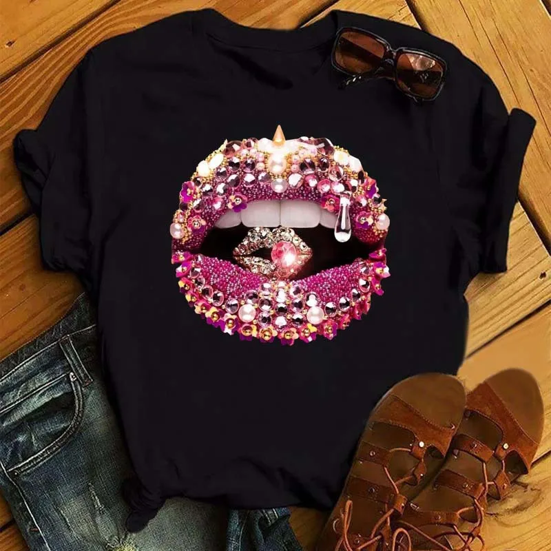 Top Trends: Women&#039;s T-Shirt Sexy Colorful Diamonds Lip Print Short Sleeve Tee Casual O-neck Pullover Fashion Trend Female Clothing Loose Top Shoppable Styles