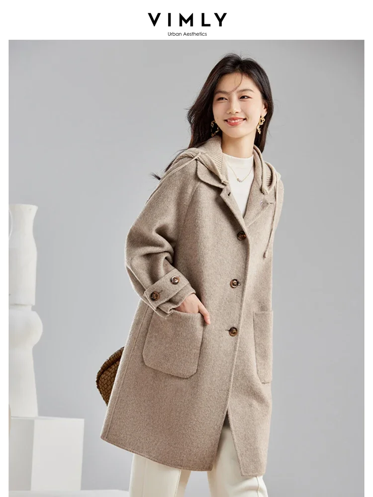 Top Trends: Vimly Double Faced Wool Blend Long Coat Winter Women Woolen Jacket Removable Contrast Knitted Hood Female Warm Overcoat 50659 Shoppable Styles