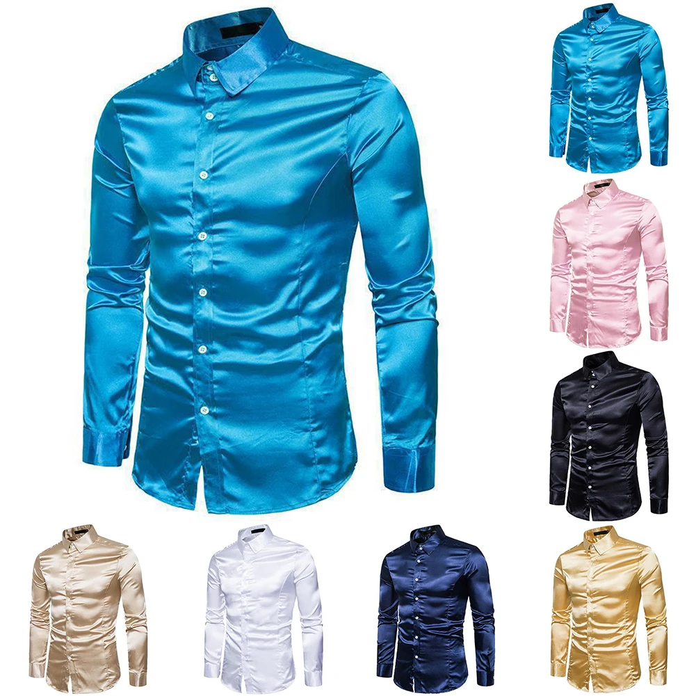 Top Trends: Men Shirt Silk Satin Luxury Smooth Mens Solid Tuxedo Business Shirts Men Casual Slim Fit Blouse Shiny Gold Wedding Dress Shirts Shoppable Styles