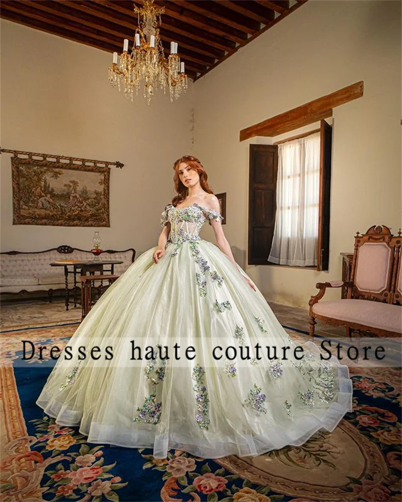 Top Trends: Luxury Green Lace Off Shoulder Quinceanera Dresses Ball Gown 2023 With Fishbone Appliques Sweet 16 Dress Party Dresses Lace-Up Shoppable Styles