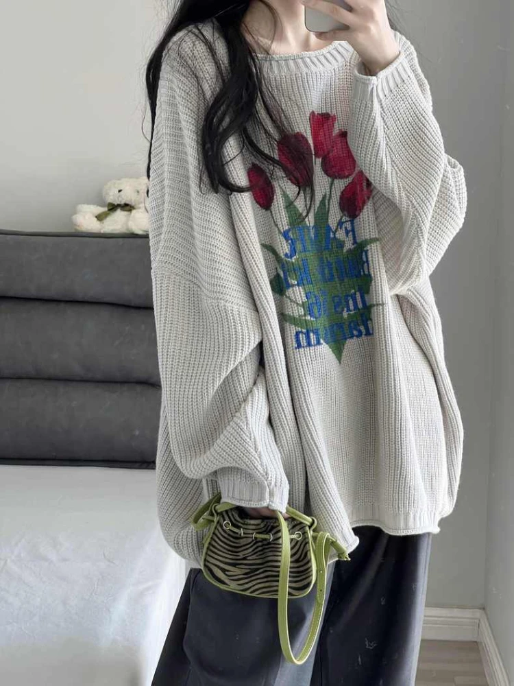 Top Trends: Y2K Vintage Knitted Sweater Women Retro Harajuku Floral Print Pullovers Autumn Winter Loose Casual Long Sleeve O-neck Knit Tops Shoppable Styles